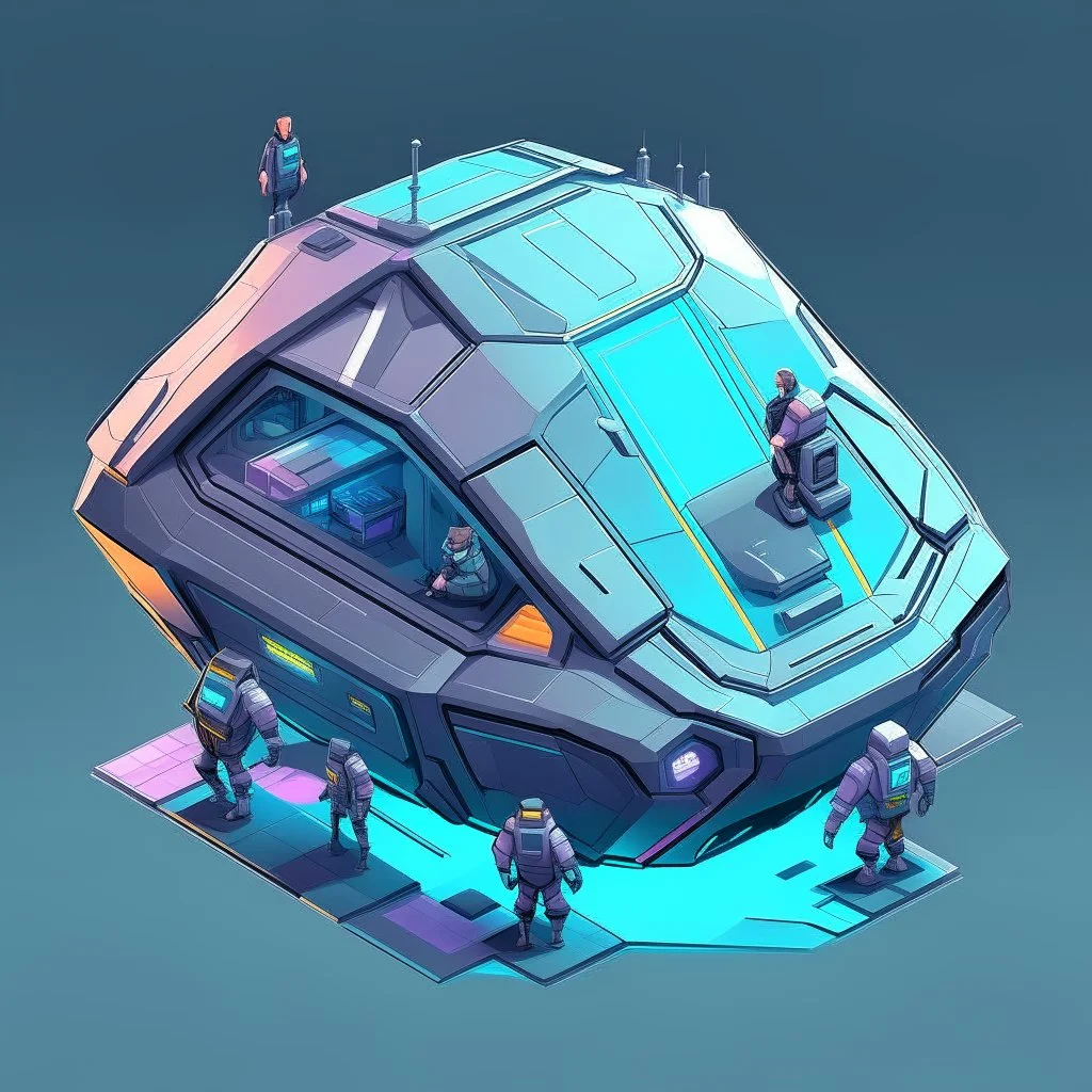 vector graphics 2d lowpoly shiny metallic spaceship warped vaceum cleaner with crew