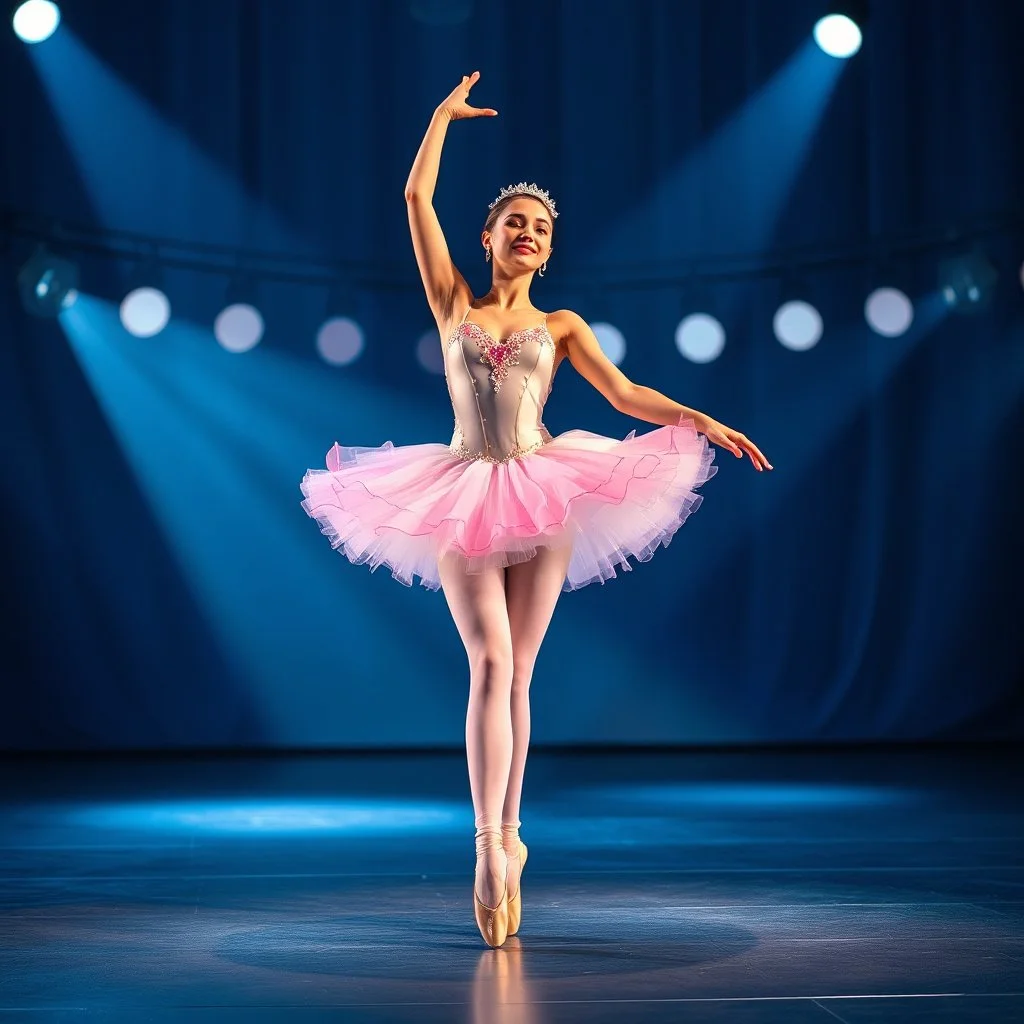 create of a beautiful balerina in pretty clothing in a modern cifi stage in her performance cinamatic lights .