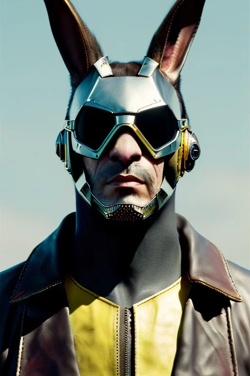 Medium Close Up Portrait, Front image. cyberpunk, rabbit mask, spanish man, white short hair. leather, titanium suit. Yellow, black, red, color. Mad max style. Color background, photo studio. Avatar image, highly detailed, concept art, smooth, unreal engine 5, god rays, ray tracing, RTX, lumen lighting, ultra detail, volumetric lighting, 3d, finely drawn, high definition, high resolution.