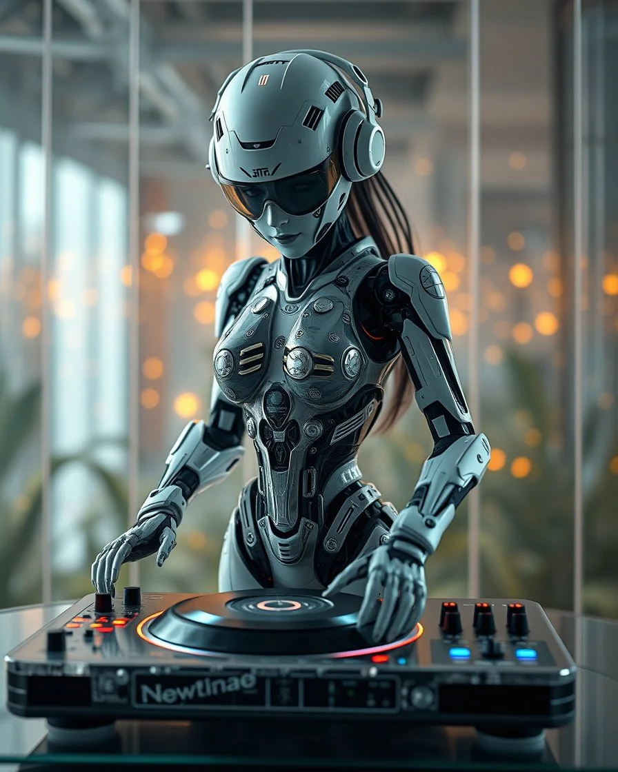 Front view full body standing rendering Beautiful Female as Hybrid mecha robotic DJ Playing DJ Player Turntable chasing clear surfaces it from transparency super clear glass explore inside components nature plants, advance design futuristic sci fi picture,find details,Sony Alpha 7 50mm 1.8,medium shot, high-resolution image with fine details,ultra detailed,ultra realistic,extremely realistic,intricate,photorealistic,epic composition