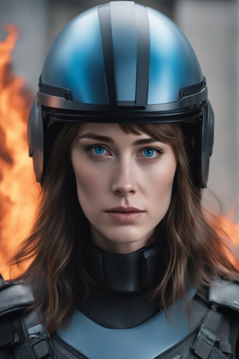 Dakota Johnson A commander with a matte black helmet and eyes with flaming light blue pupils