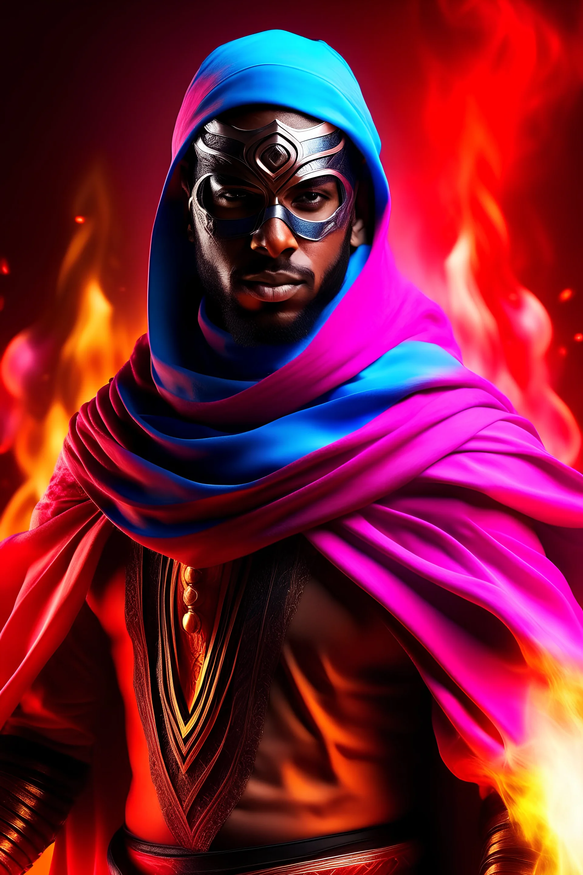 Make a image of a Arabian superhero with fire powers with pink, blue and black flames and has a scarf vs a African American guy with matter manipulation and has goggles