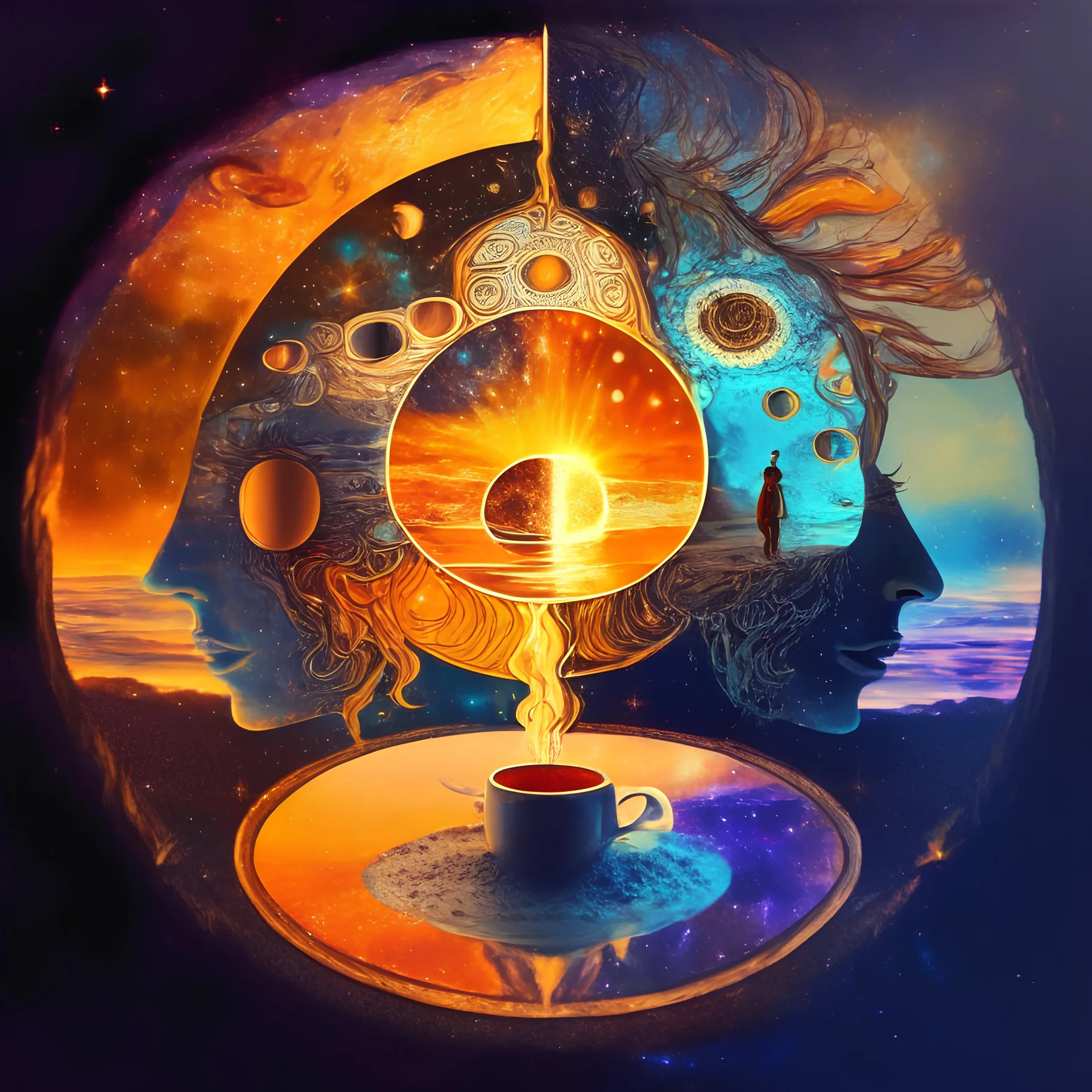 Psychedelic cafe design, mirror space with human face, sun, moon, stars, galaxy, love, water, fire, soil and wind