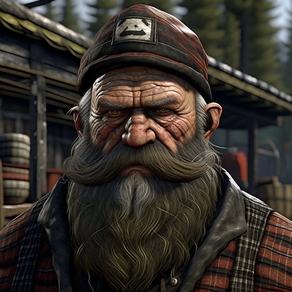 The large and furious lumberyard owner "Big K" grimdark realistic