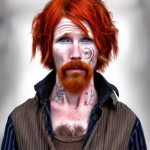 Portrait of Courtney Gains as a ruggedly handsome, joyful, roguish pirate, charismatic, attractive male, masculine, precisely detailed clear eyes, softly freckled face, unblemished, flawless skin; meticulously detailed multi-hued ginger carrot colored cherry fire red hair; fantasy, intricate, elegant, highly detailed, digital painting, concept art, matte, sharp focus, illustration, art by artgerm and greg rutkowski and alphonse mucha