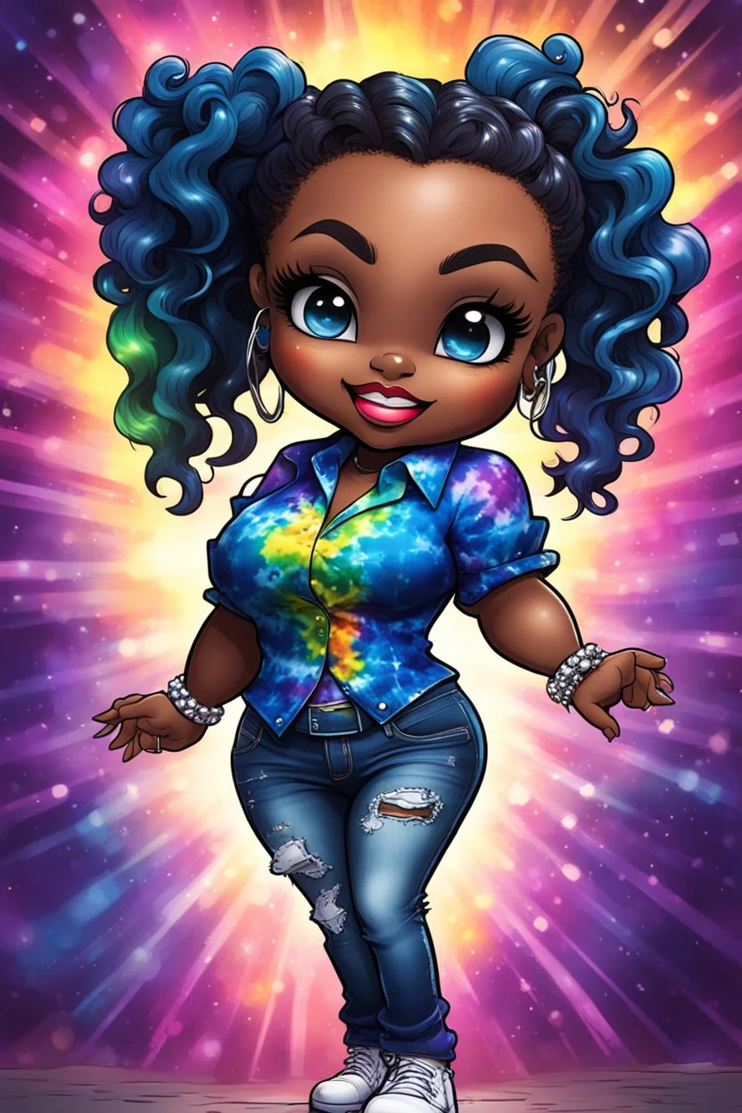 vibrant psychedelic comic book image, airbrush, 48k, cartoon art of a chibi curvy black female wearing torn jeans pants and a sapphire tie dye off the shoulder blouse. Prominent make up with lush lashes. Highly detailed sleek wavy ponytail