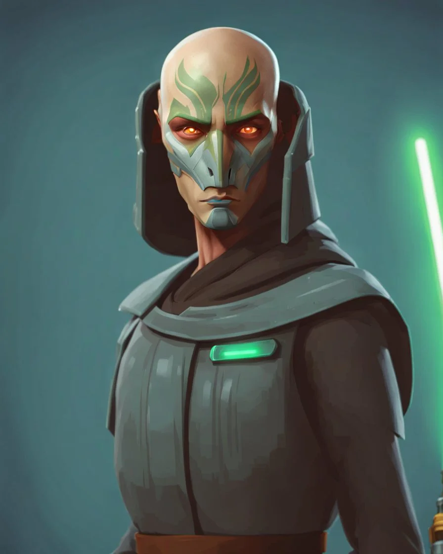 star wars bald male corellian jedi pilot wearing black and gunmetal grey old republic armored robes with gold trim inside the jedi temple holding a lightsaber with viridian green blade in left hand, centered head and shoulders portrait, hyperdetailed, dynamic lighting, hyperdetailed background, 8k resolution, volumetric lighting, light skin, fully symmetric details