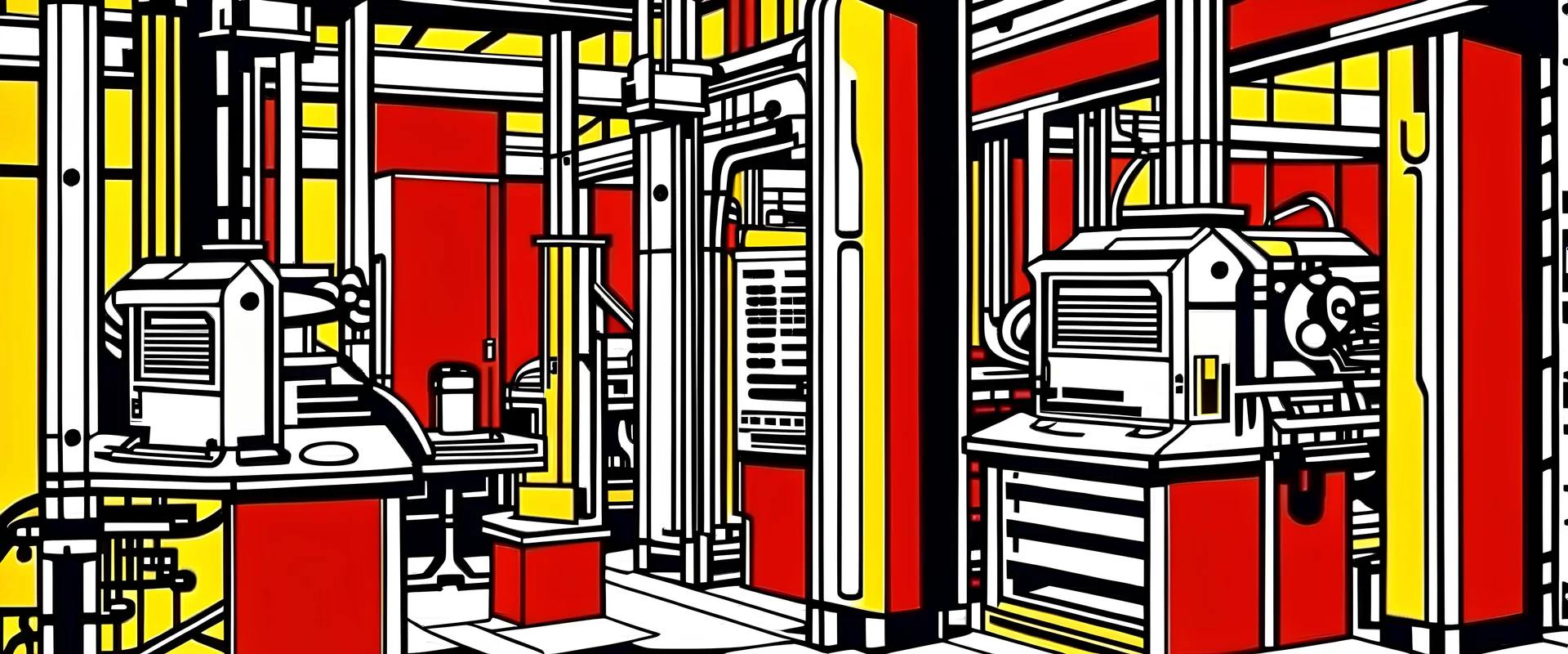 A reddish orange color factory filled with machines painted by Roy Lichtenstein