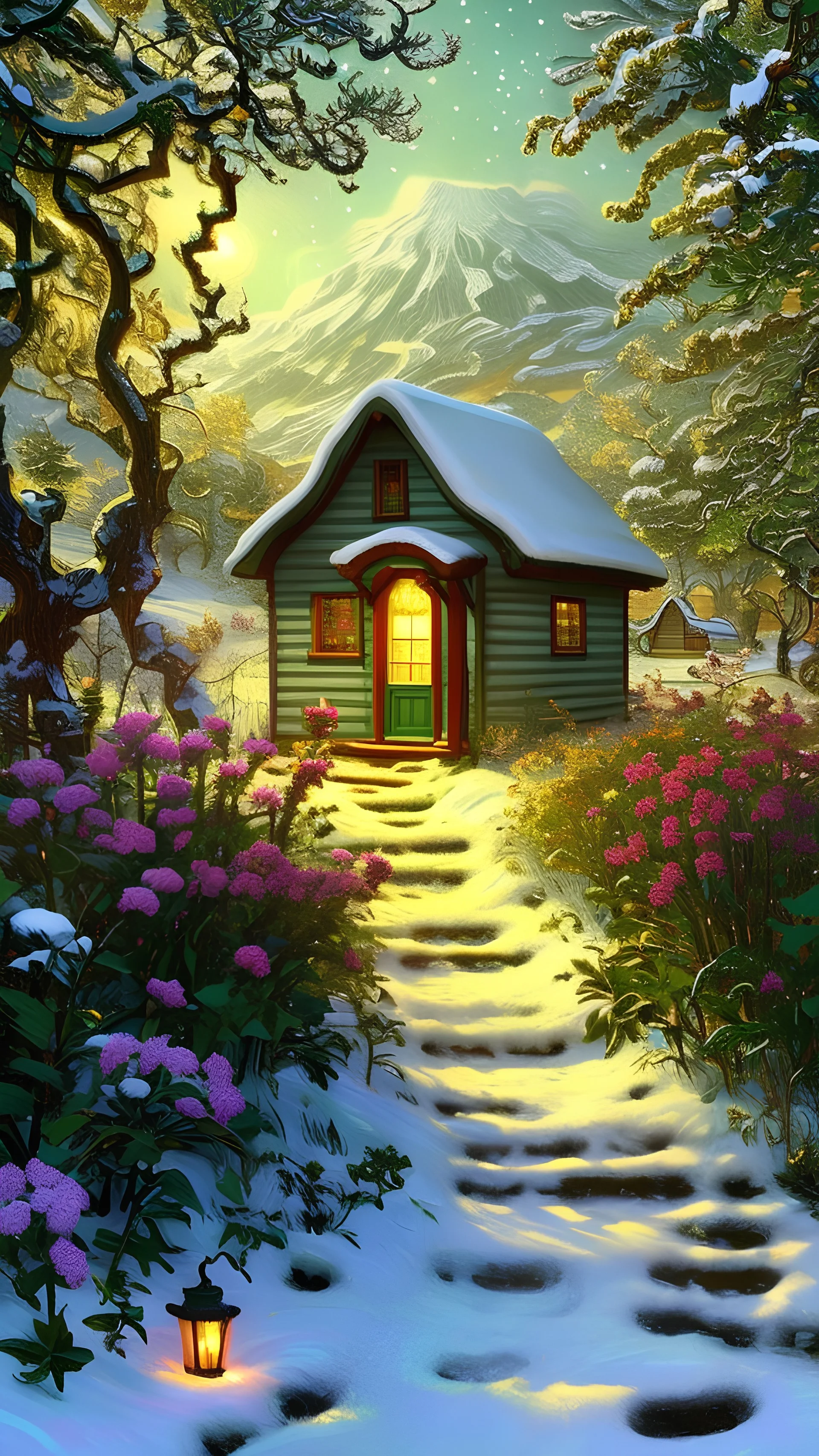 a scenic view of a beautiful Christmas angel, cottage in an orchard, sparkle, Christmas ornaments, snowman, decorated Christmas tree, colorful flowers blooming, Van Gogh Style, full frame, fantasy landscape, forest background, bright background landscape, ornate, intricate, complex, highly detailed, digital painting, smooth, art by tom bagshaw, akihiko yoshida, highly detailed, realistic, photorealistic 8k, cinematic lighting, hd, trending on art station, trending on Pinterest,