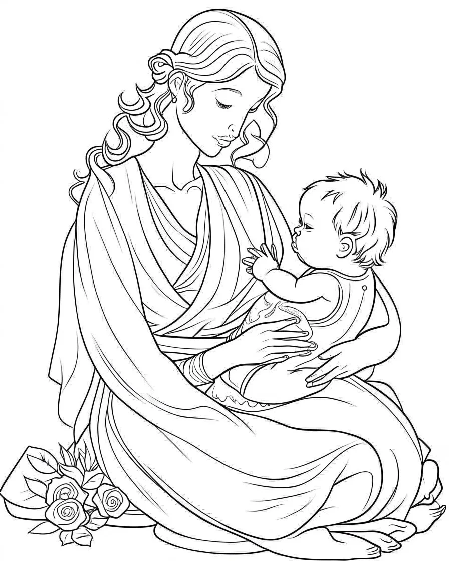 mother with her child coloring page, full body (((((white background))))), only use an outline., real style, line art, white color, clean line art, white background, Sketch style