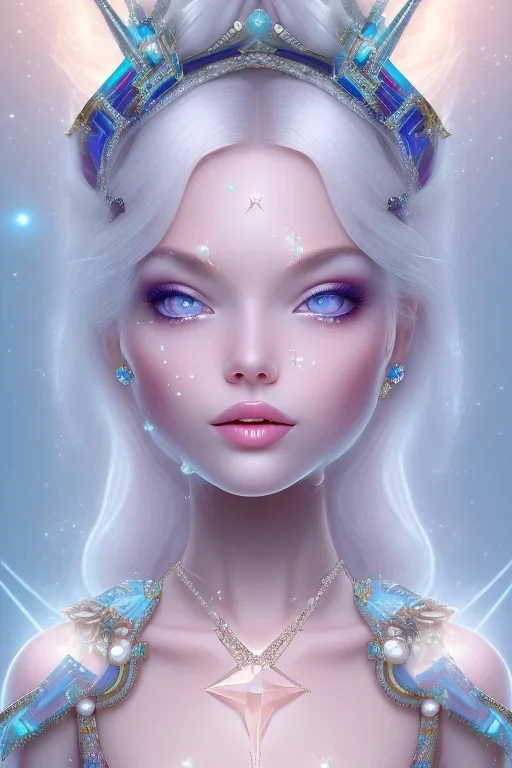 cosmic girl belle fine, peau blanche cristalline, yeux bleu, perle sur le front long cheveux etoilé cristaux sur le corps, collier de grande princesse, levres souriante, jolie sourire