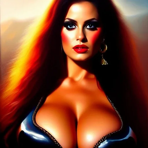 portrait of beautiful busty Julie from heavy metal fakk 2 painting by Brom , oil on canvas, cinematic composition, extreme detail,fit full head inside picture,8k