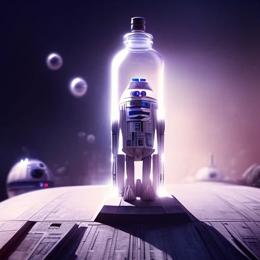 Star wars characters in a bottle floating, super high resolution, professional photograph, in focus, beautiful detail, professional digital art, stunning 4k, volumetric light, Award-winning photograph, photography, tokio background