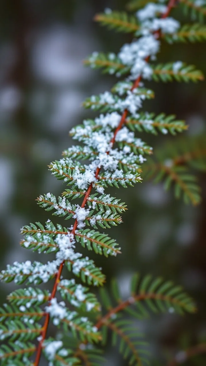 A mesmerizing close-up shot of a fern . Delicate snowflakes glisten, frozen in time, against a magical forest backdrop. The detailed evergreen branches create a vivid and beautiful natural background