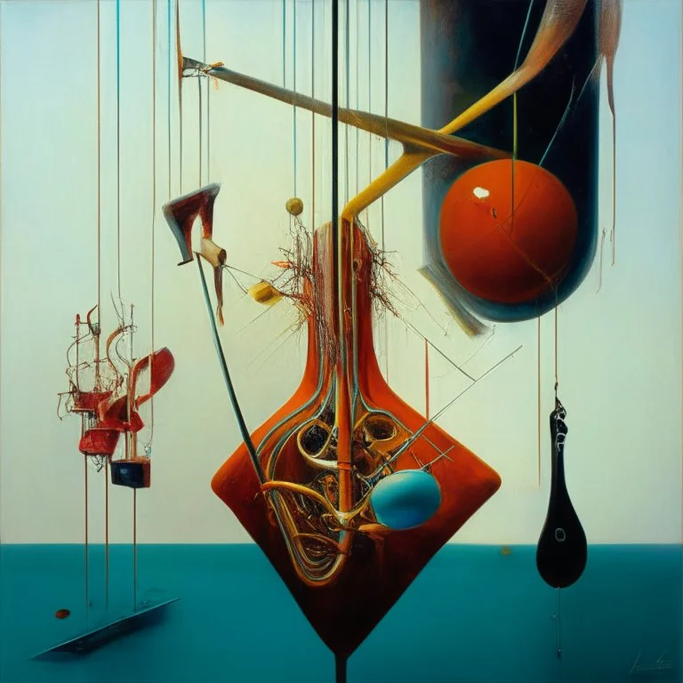 Abstract painting formed by a mix of human flesh-like surgical instruments and universe-like neuralink,strange musical instruments,minimalism,Painting By Adrian Ghenie, Rene Magritte, Salvador Dali, Lucian Freud