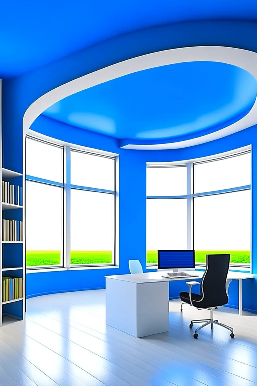 The office desks room is hung on the walls in an oval shape, the color of the walls is blue, the floor is white, and the shape of the offices is curved