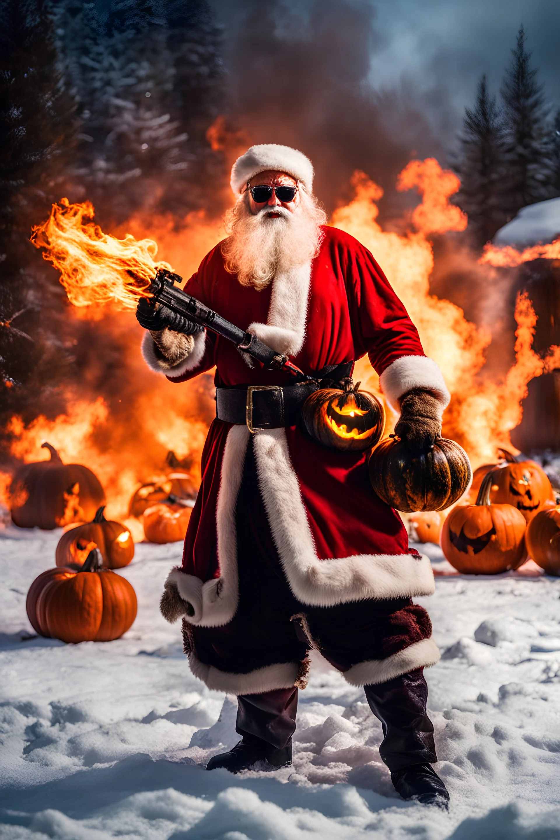 Cinematic photo of Santa Claus, looking fierce with dark sunglasses using a flamethrower to destroy a collection of Halloween pumpkins. The pumpkins are visibly charred, with blackened patches and melting facial features. Bright flames contrast the scene, casting dramatic shadows on the snow-covered ground. In the backdrop, silhouettes of reindeer can be seen watching the fiery spectacle,