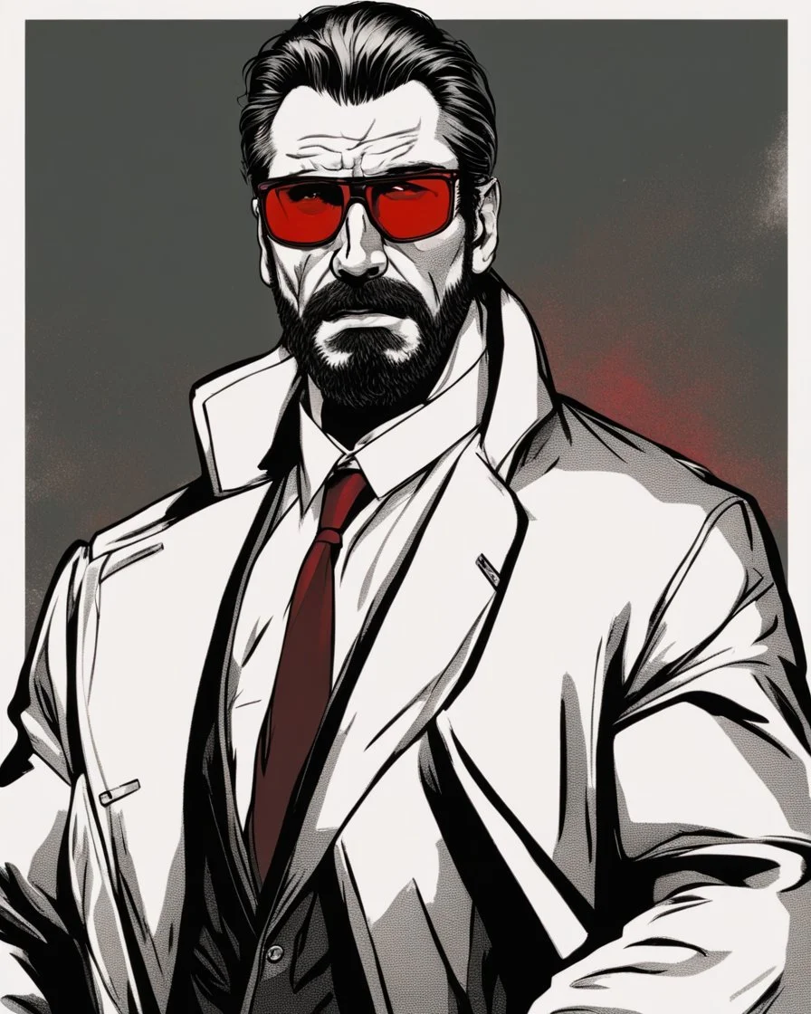 a young man with big muscles who looks like hans gruber wearing a heavy coat and red sunglasses staring with an irritated look on his face