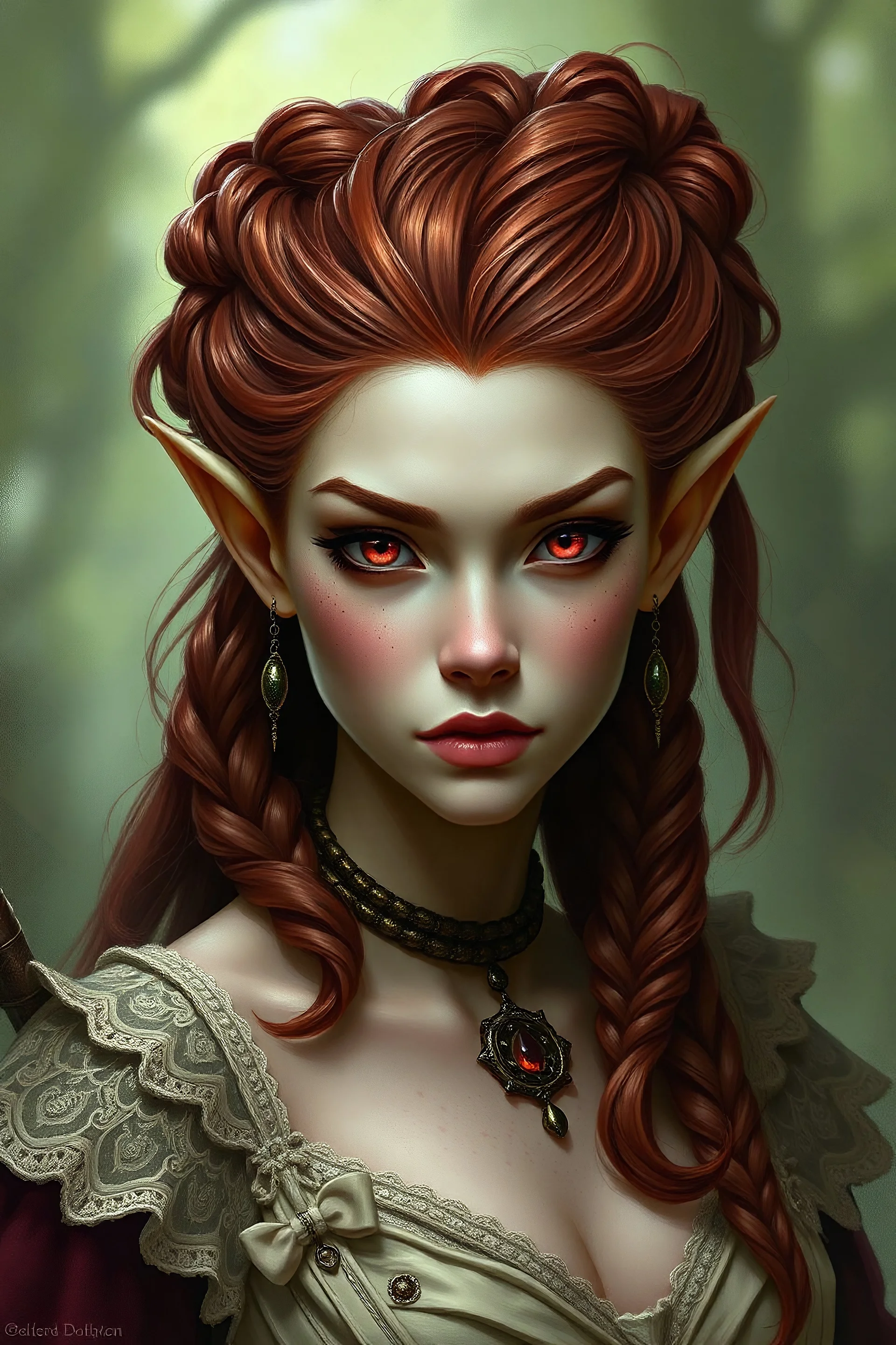 Generate a dungeon and dragons character. She is a rogue female spring eladrin who has escaped a cult sacrify and is now living on the run, living by stealing. She has deep redbrown hair, all hair is put up in an royal tangled updo with numerous braids and skin with a light green-ish hue. she is very naive and happy by nature, almost chaotic good. she is dress in light creamey couture and going to a ball. her face is stoic and mature with a square jaw, freckles and pink eyes