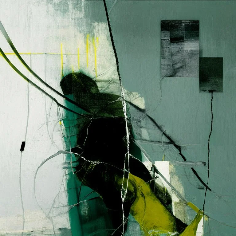 Minimal contemporary abstract oil paintings close up person wearing hazmat suit limbs sinew and concrete fragments. Wires hanging. illuminated at night style of Justin Mortimer And Francis bacon And ashley wood