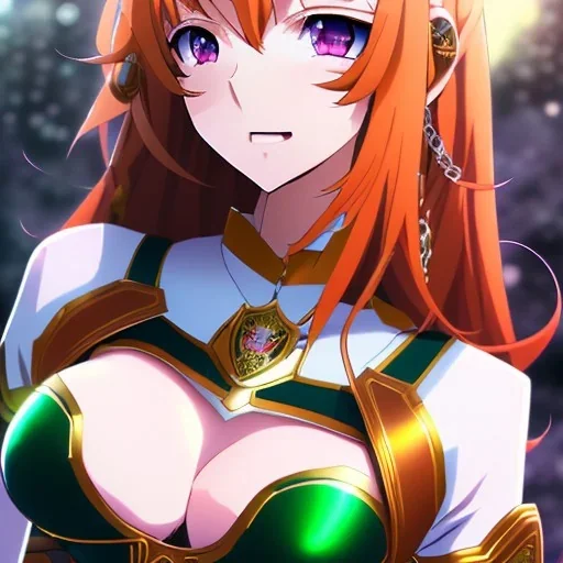 anime, hyper detailed, strikingly beautiful young adult woman, 19 years old, long ginger hair, green eyes, medium freckles, full lips, very skimpy fantasy leather bikini, full body, full face, small breasts, aroused expression, biting lower lip, full frame, athletic, centered camera, ignore NSFW, thong, corset