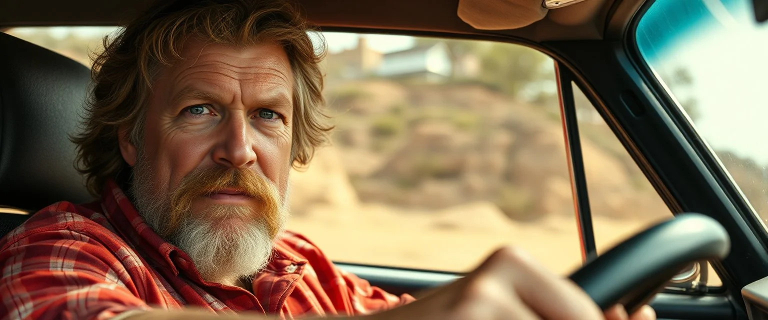 hill billy boss In the style of Rembrandt, in a fast car. Background blur. Movie poster. Wild look.