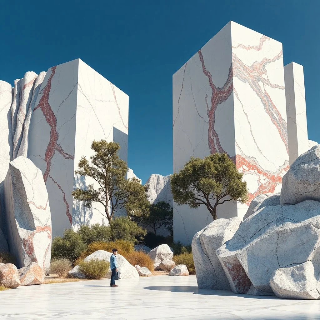 Un'immagine di un paesaggio naturale surreale con pareti di marmo bianco, rosso e blu, imponenti, accanto a strutture artificiali. Queste strutture sono blocchi rettangolari riflettenti, che creano un contrasto tra il naturale e l'artificiale. Elementi brutalisti enormi si ergono solitari. Persona osserva. bianco con venature e solchi. Alberi. La scena trasmette un senso di dialogo tra elementi organici. Max Ernst. Dettagli delle rocce molto accentuati. Pavimento di marmo. Cielo blu