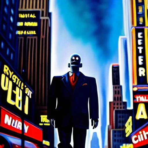 Ultra detailed fullbody Portrait in oil on canvas of Iron Giant walking through new york,intense stare,extremely detailed digital painting, extremely detailed face,crystal clear Big eyes, mystical colors ,perfectly centered image, perfect composition, rim light, beautiful lighting,masterpiece,8k, stunning scene, raytracing, anatomically correct, in the style of robert e howard and Ken Kelley and Ohrai Noriyoshi and Simon Bisley and tomzj1