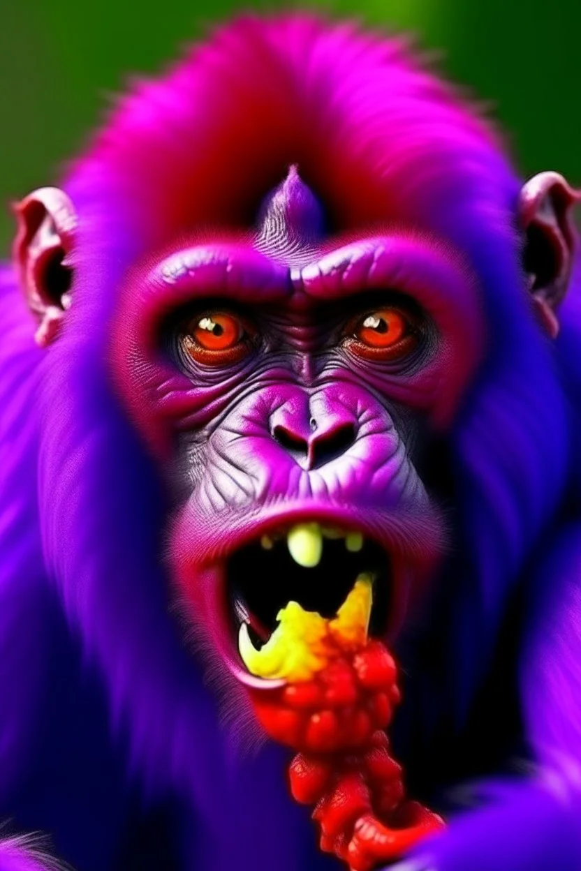 big purple monkey with spicy pepper in mouth