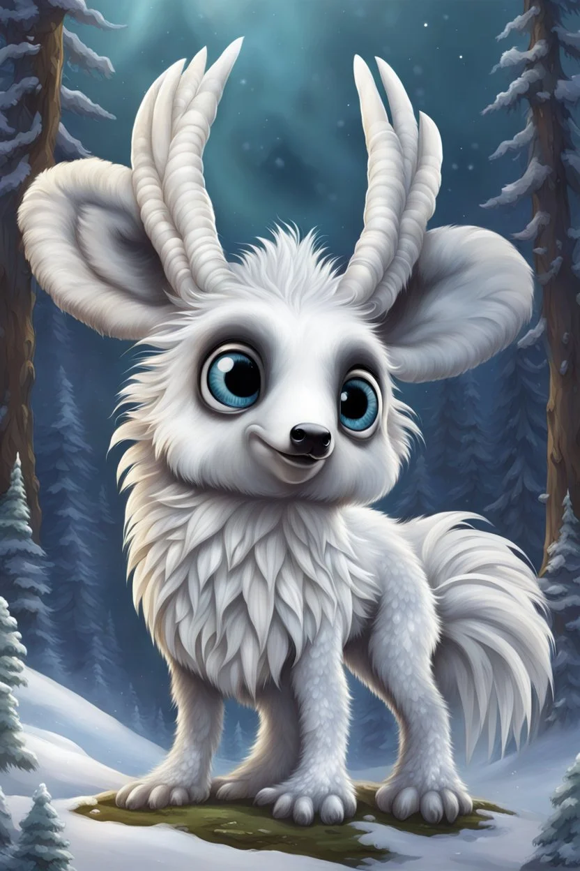 A cute looking, soft fluffy white furred, medium height mutant mammal with a snout-like long snout, big eyes, tassel ears, a chibi fantasy creature. Tundra forest , snow in the background. sharp focus, intricate details, masterpiece