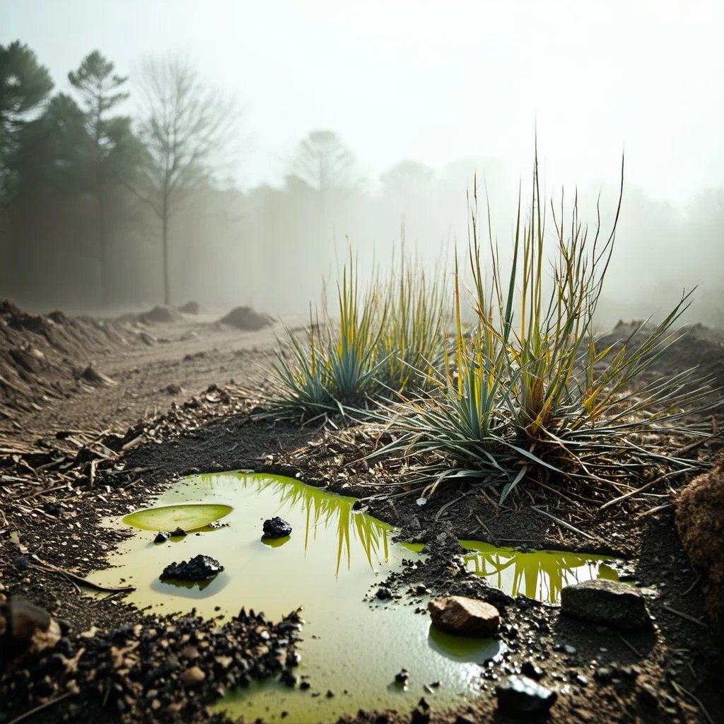 A striking quality Kodak photograph captures a wasteland with liquid and a group of plants, creepy, details of the dust very accentuated, glossy organic mass, adorned with minerals and rocks. Bathed in intense light, eerie, Max Ernst style, odd sun, fog