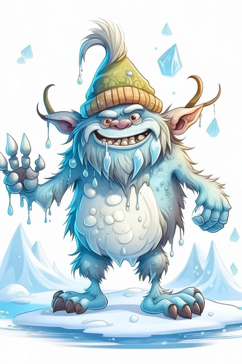 fantasy cartoon style illustration: mischievous Snow Troll. The troll is big, burly creatures with icicles hanging from their long, pointy noses. The Snow Trolls loved to toss snowballs for fun,