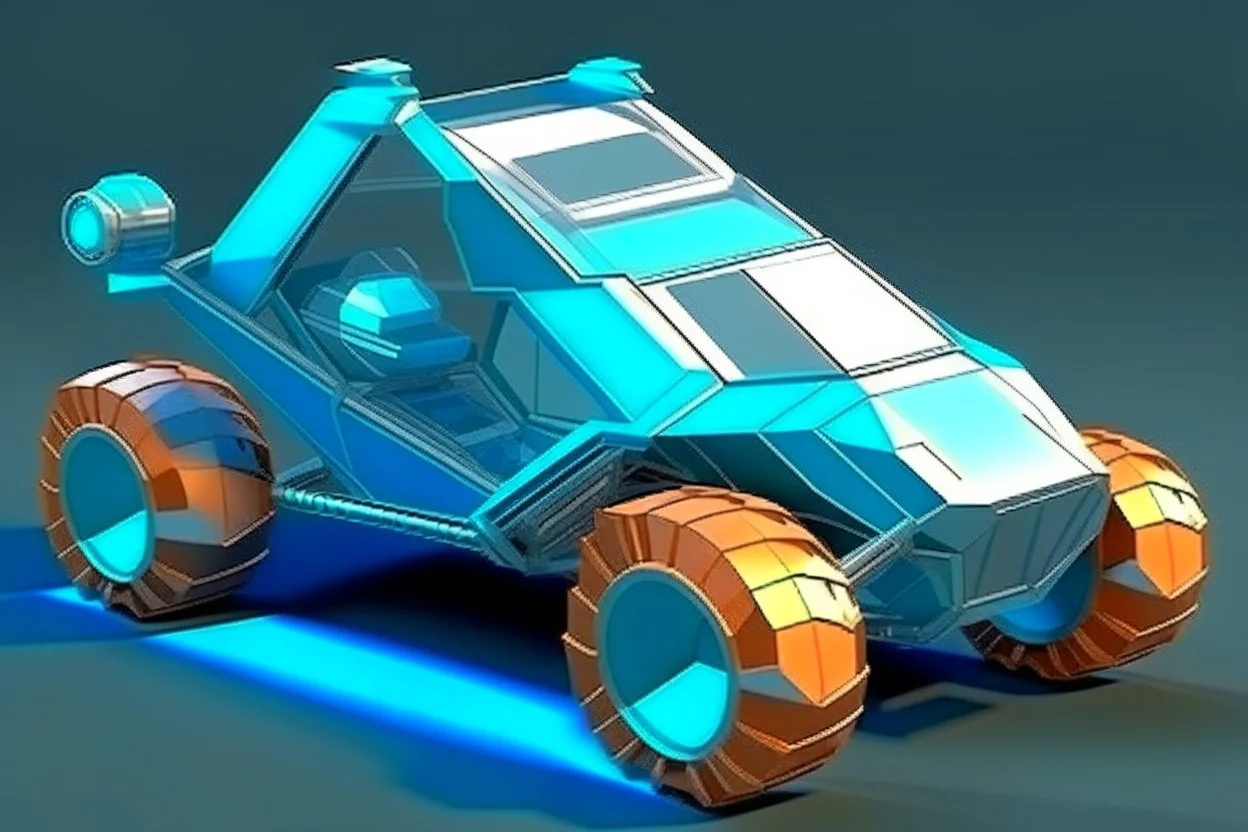 low poly highly symmetric metallic rocket propelled atv with glass bubble roof