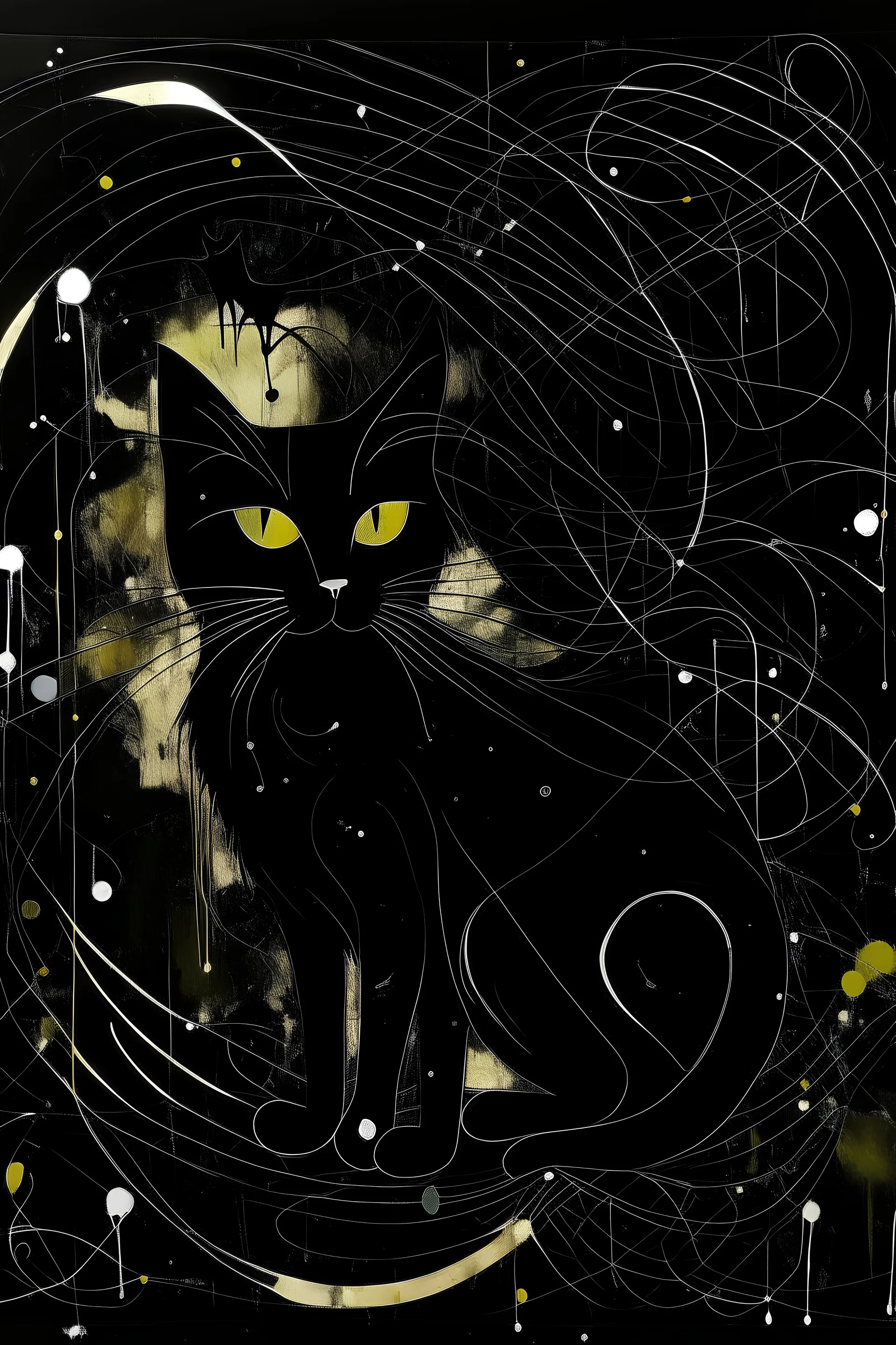 black Cat style black abstract art with music notes around