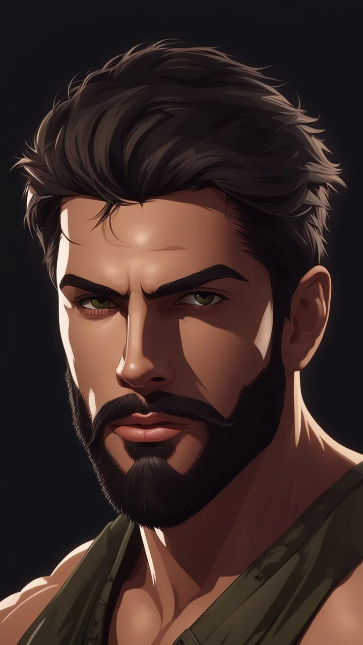 Portrait of an Olive skinned Man, very muscular, very handsome with short dark hair and a neatly trimmed beard, photorealistic