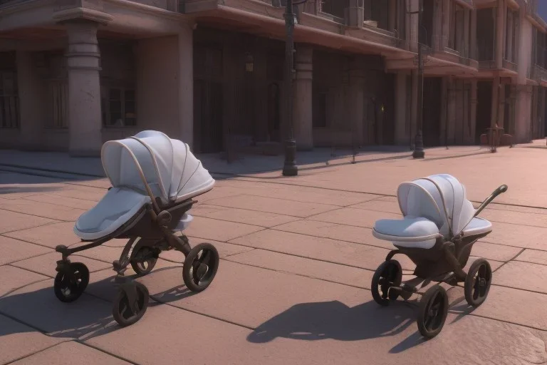 Looking downward at a Large baby carriage on a sidewalk. TheRe is a baby in the carriage that looks like A young Donald Trump