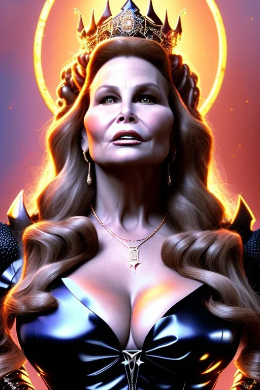 Jennifer Coolidge as evil queen in black leather, cleavage, busty, by cory loftis, dystopian, 8k photorealistic, cinematic lighting, HD, high details, dramatic, atmosphereric, trending on artstation