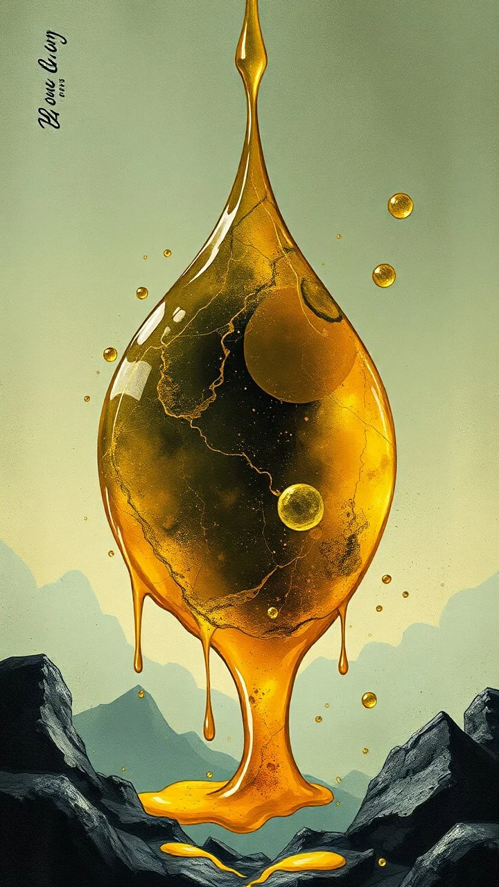 art illustration in the style of Luis Royo, large droplets of viscous and syrupy fluid, burnished jade, planet earth in crystal shape in an ice cream con golden yellow, ink black