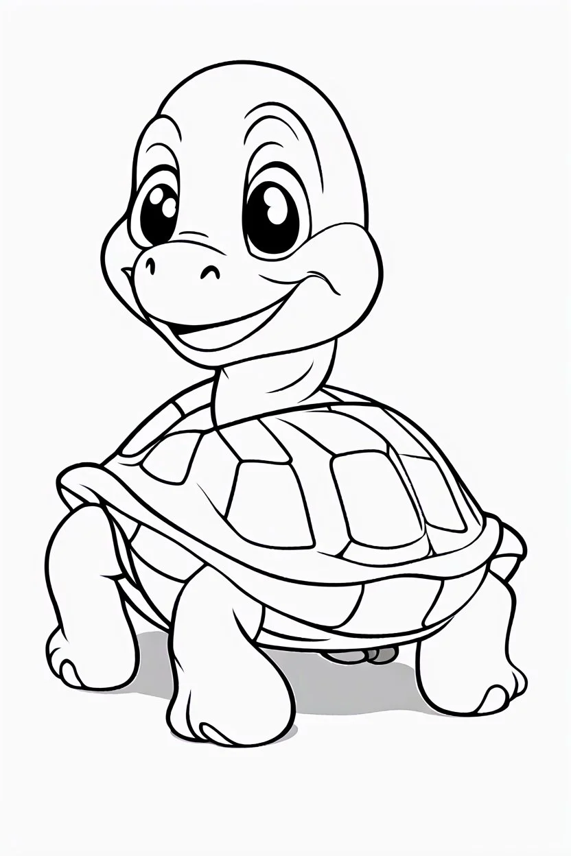 blank colouring book, white blank background, simple picture for toddlers, sweet and smilling turtle pet, disney and pixar style