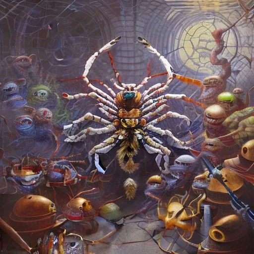 giant spider chasing crowded people under the subway, peter mohrbacher, donato giancola