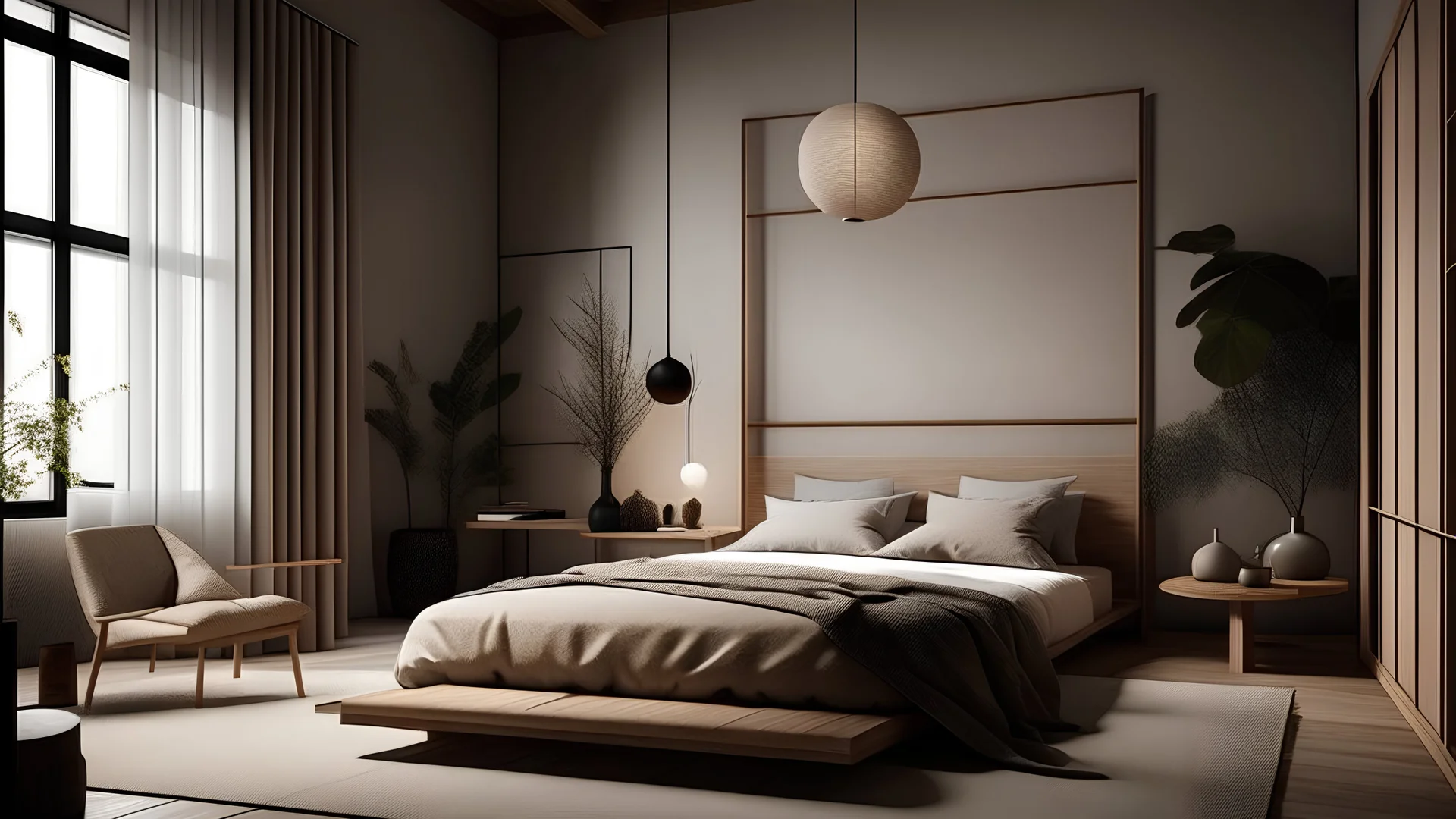 Erstelle mir ein Schlafzimmer im modernen schlichten Japandi Stil mit mediterranem Einfluss mit organischen Formen, reduziert, mit natürlichen Materialien wie Holz, Leinen, Papier, Wolle in einer Atmosphäre mit indirektem warmen Licht welches umhüllend natürlich und beruhigend wirkt. Verwende die Lieferanten Janua, &tradition, Ethnicraft und Vibia.