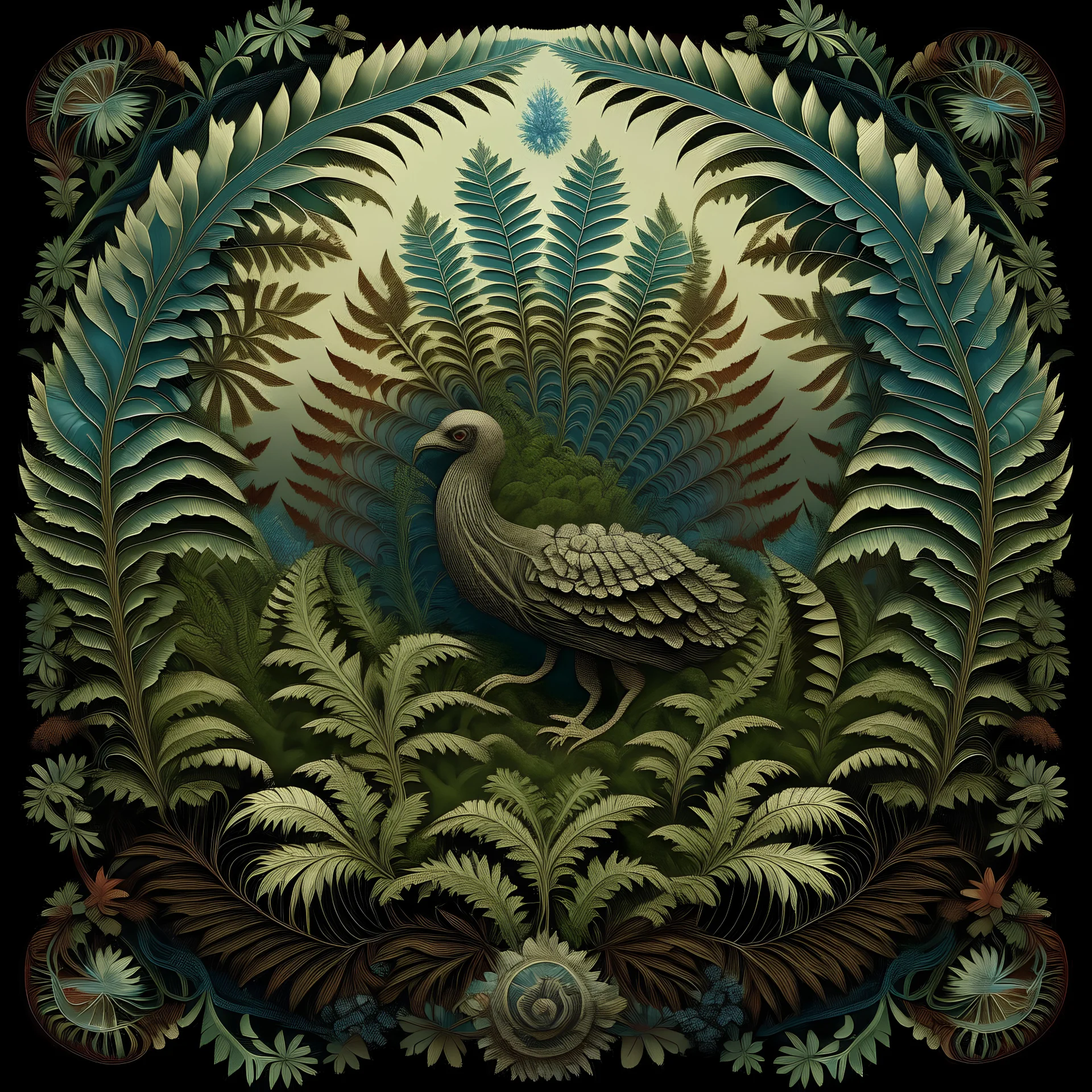 realistic image like a photo of mandala fraktal fern, birds, muschroom, forest