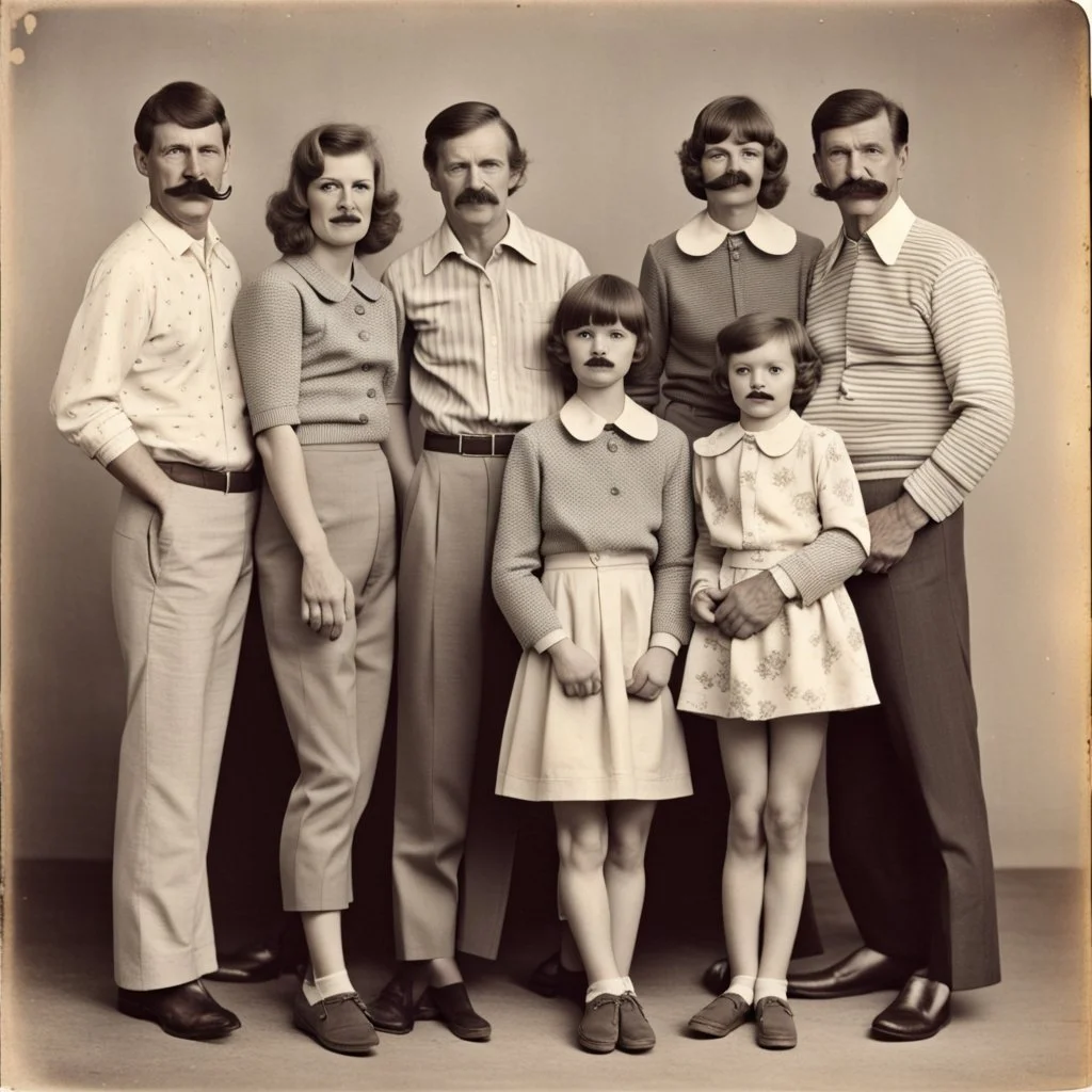 awkward family photo, all wearing the same type of clothes, 1960s, big mustaches