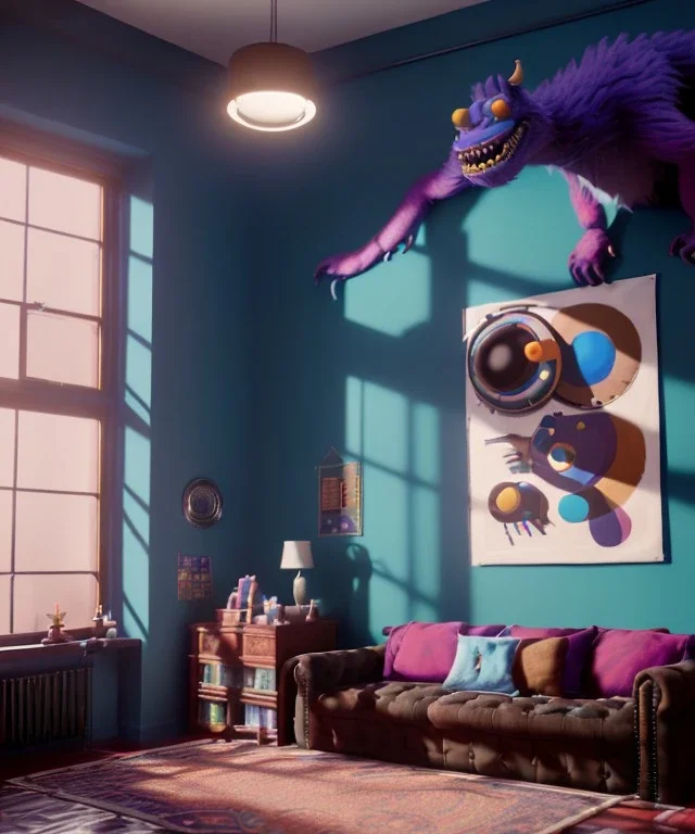 Ultra Realistic Room image with big sweet monster, Kandinsky artist style, highly detailed, unreal engine 5, RTX, ultra detail, volumetric lighting, finely drawn, high definition, high resolution.