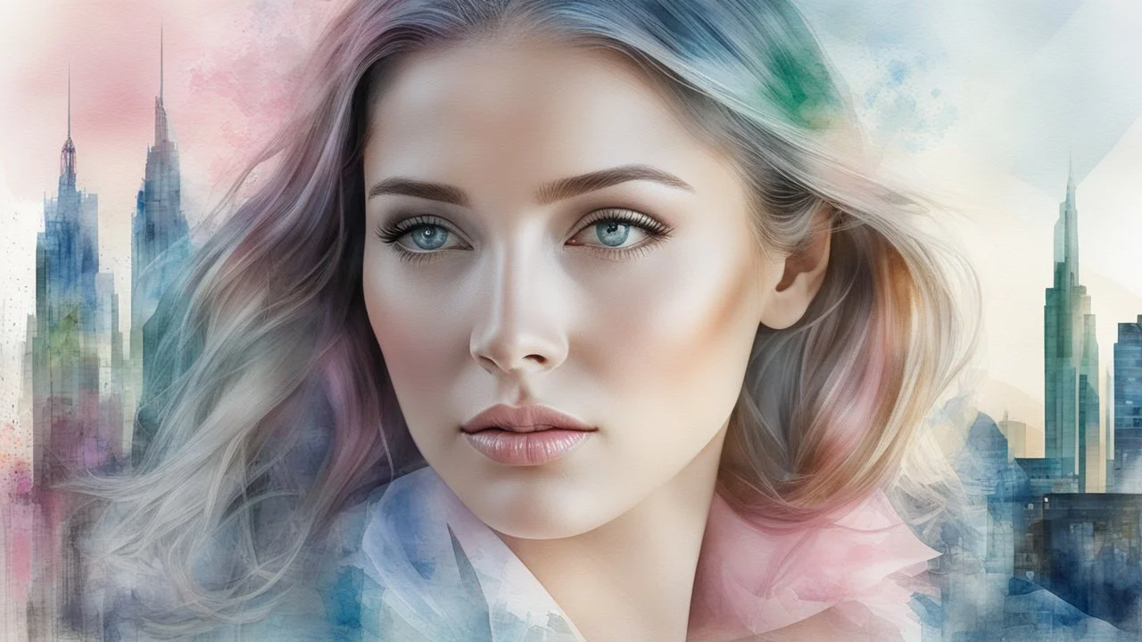 woman, city, watercolor, glow, transparency, lumen, professional photo, 3d, 64k, high resolution, high detail, computer graphics, hyperrealism, f/16, 1/300 s. highly detailed digital painting, double exposure, colors: white, silver, gray, delicate pink, delicate green, delicate blue, beige, delicate, pastel photorealistic painting, watercolor, tenderness, pastel,