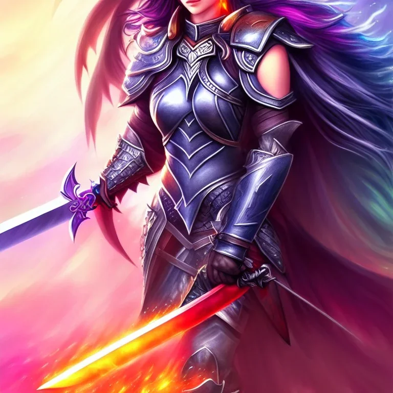 fantasy art style, female, attractive, 8k, full body, leather armors, full great sword, silver shoulder length hair, vibrant bright colorful silver eyes, slight scar on cheek, details,texture, detailed lightning, wrist guard armors, vibrant colors, no background