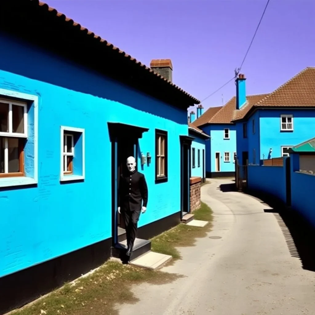 Fotografia di strada blu aperta weirdcore dai colori vivaci. Max Ernst. Le case sono dipinte di nero chiaro con g stilizzate e dettagli. Ci sono finestrelle quadrate, che danno un senso distopico e molto surreale, disposte in modo casuale. L'atmosfera generale sembra noiosa e onirica, con un contrasto tra elementi reali ed elementi dipinti. Persona finta cammina