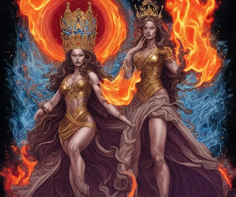 Four doll divine representing each one the four elements: fire, earth, air, and water. Mark Brooks and Dan Mumford, comic book art, perfect, smooth elemental galactic space core royalty queens crown.