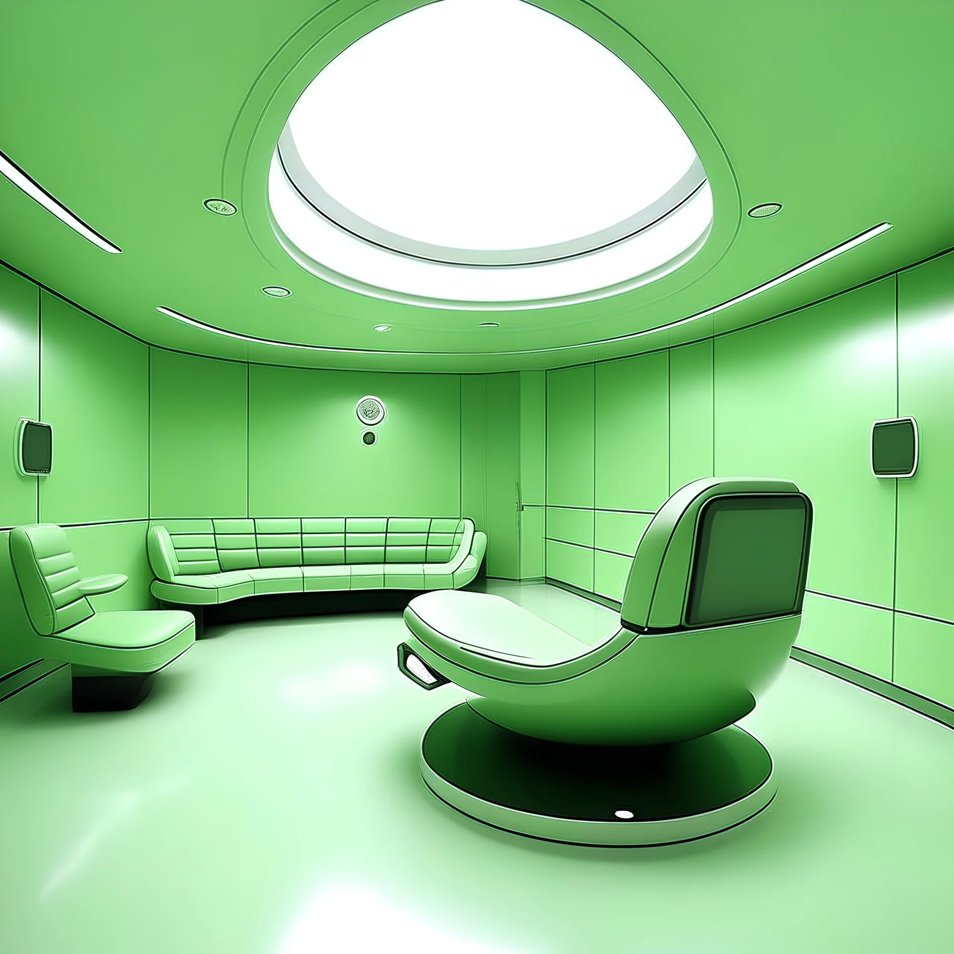 Salle d'attente , vaisseau spacial, , vert pale, extra terrestre s