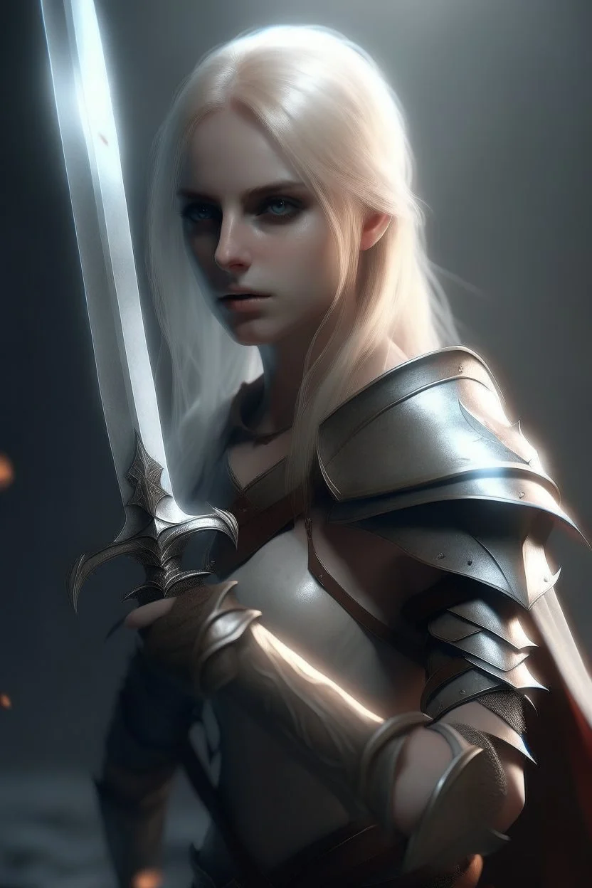 pretty woman, warrior, elf, blonde hair, fantasy, Skyrim, conventionally attractive, fighter, sword, elder scrolls, young, maternal, 3d render, cinematic, conceptual art, poster, vampire